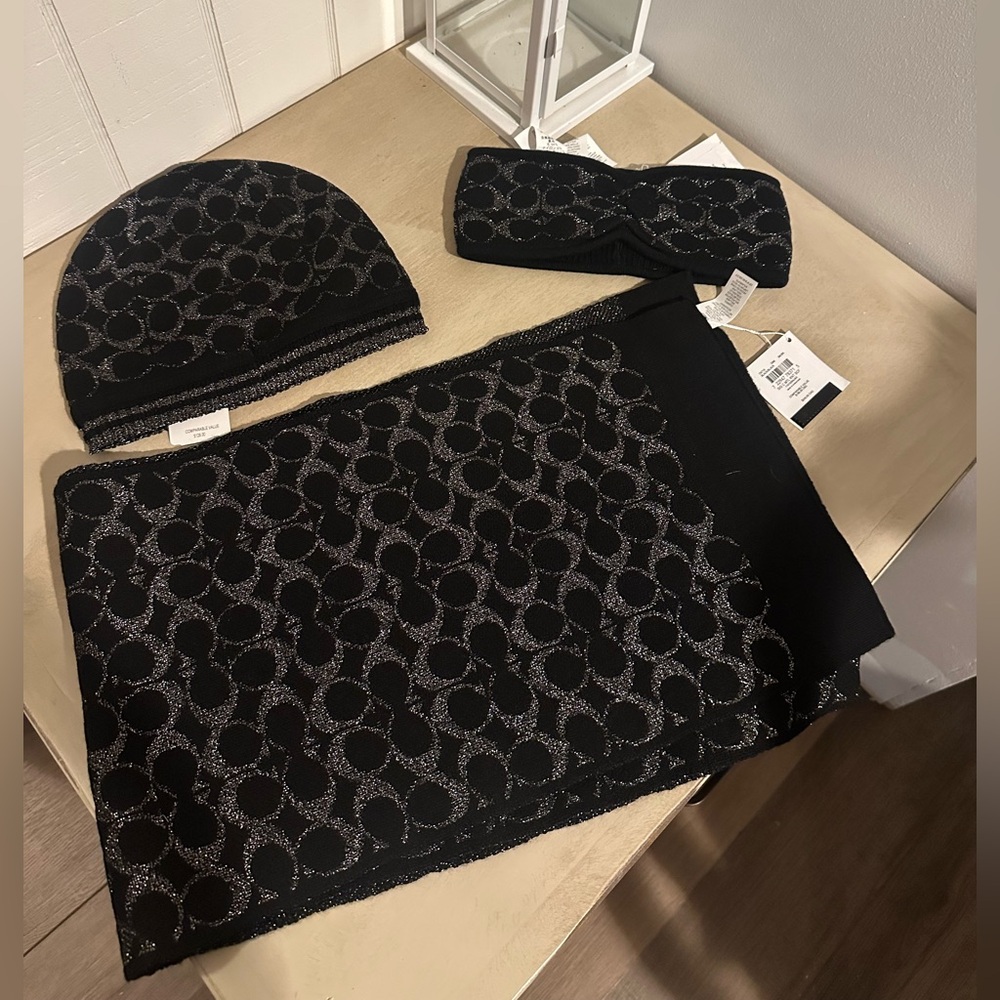 Coach Black and Silver Scarf Set